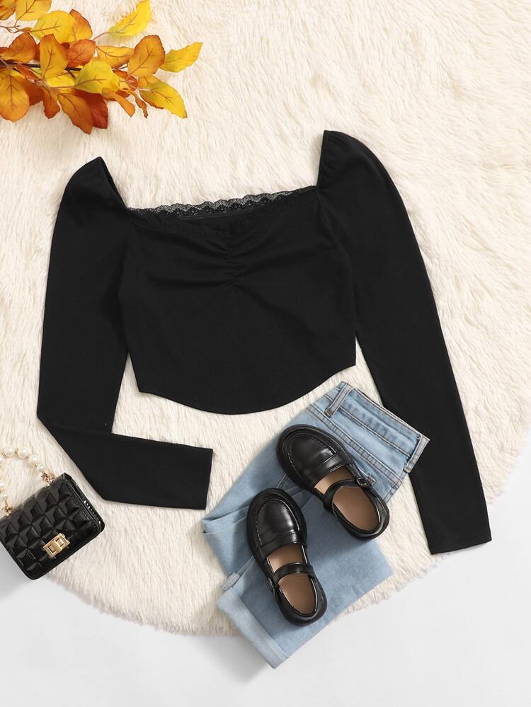 Teen Girls Ruched Bust Contrast Lace Tee