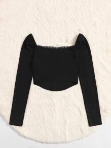 SHEIN Teen Girls Ruched Bust Contrast Lace Tee - Black - View 2
