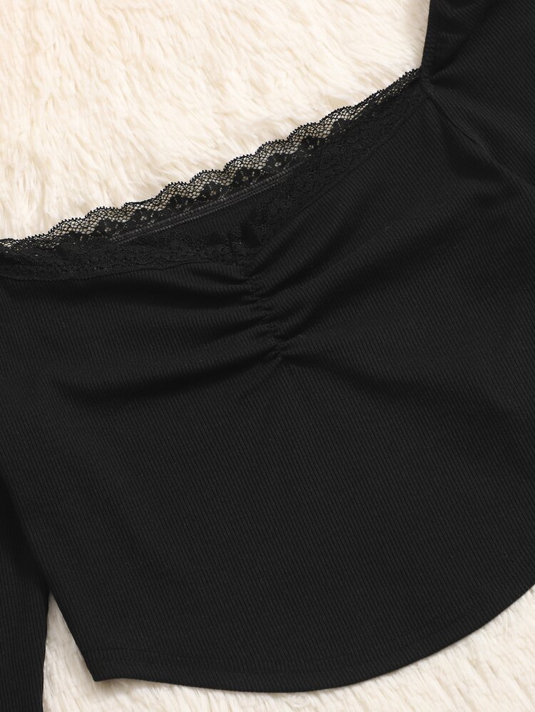 Teen Girls Ruched Bust Contrast Lace Tee