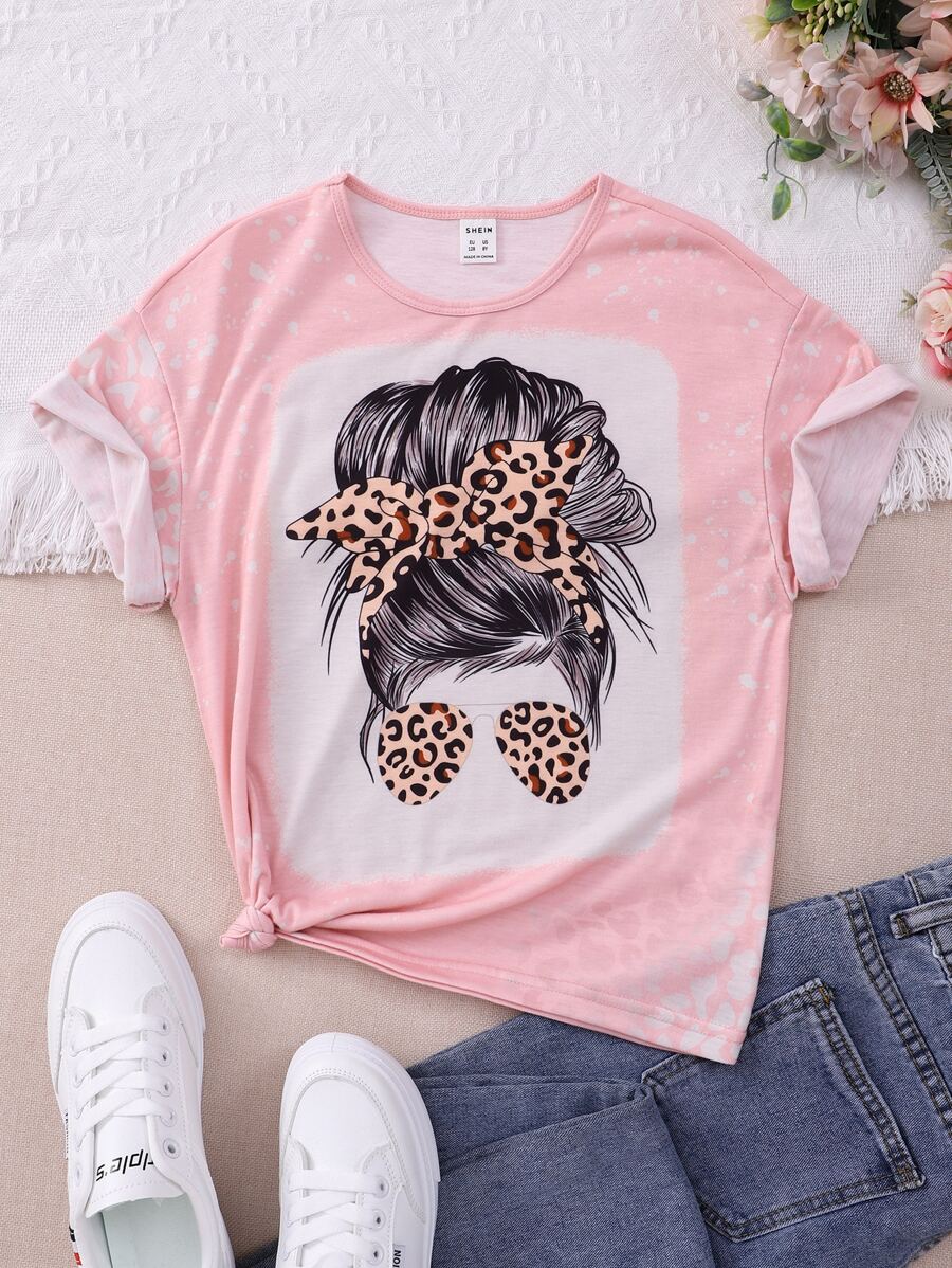 Niñas Camiseta con estampado de figura & de leopardo - Rosa - Ver 1