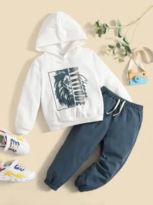 SHEIN 小男童獅子圖案連帽衫和腰部抽繩長褲 - 藍白色 - 查看 1