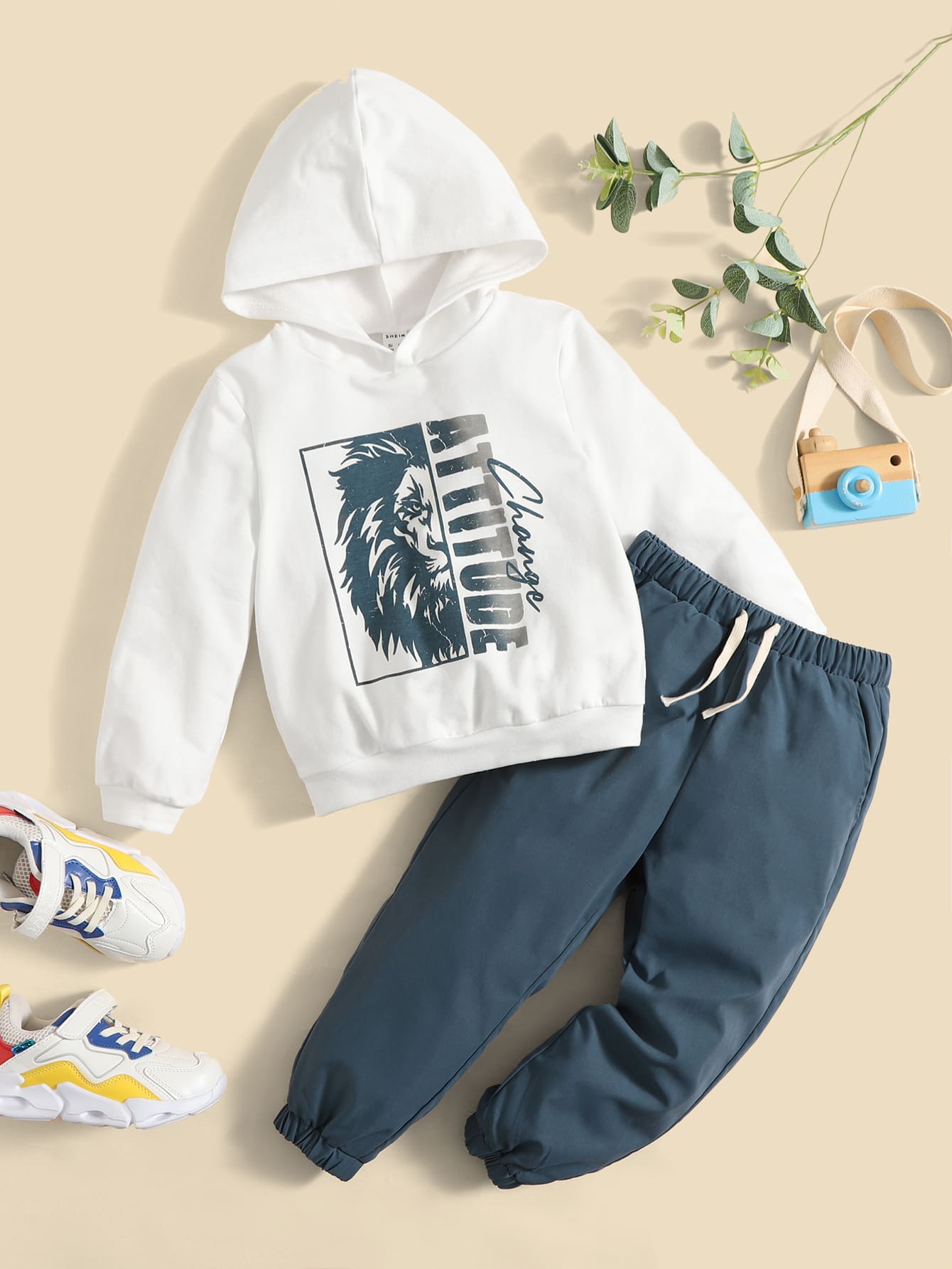 SHEIN 小男童獅子圖案連帽衫和腰部抽繩長褲 - 藍白色 - 查看 1