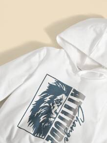 SHEIN 小男童獅子圖案連帽衫和腰部抽繩長褲 - 藍白色 - 查看 3