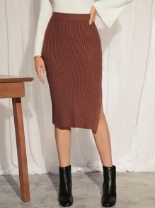 High Waist Solid Slit Knit Skirt - Coffee Brown - View 1