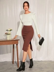 High Waist Solid Slit Knit Skirt - Coffee Brown - View 5