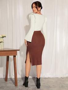 High Waist Solid Slit Knit Skirt - Coffee Brown - View 6