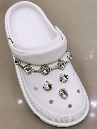 4入套可拆卸金屬扣帶水晶玻璃鏈和鑲有鑽石裝飾配件,適用於透氣鞋或沙灘涼鞋（非整體式）