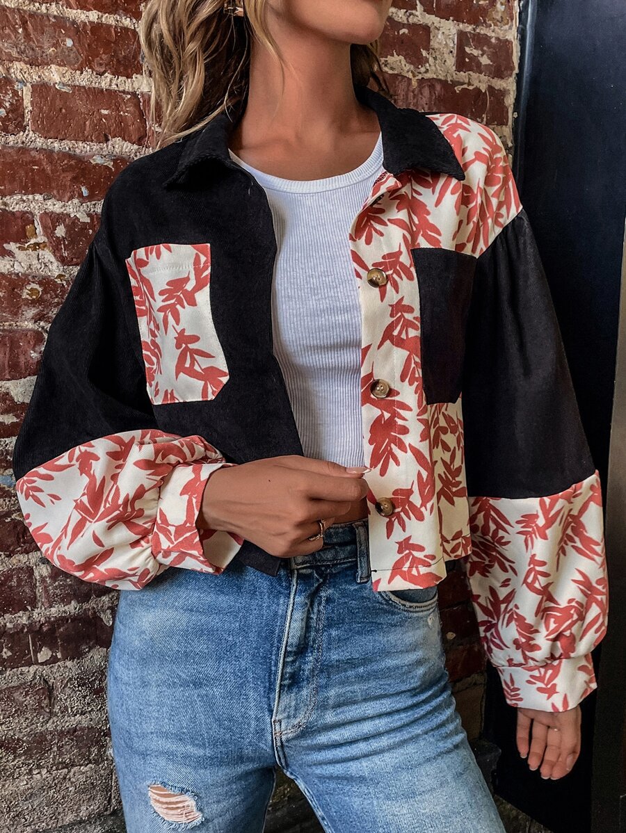 Plants Print Drop Shoulder Corduroy Jacket - Multicolor - View 1