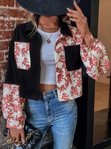 Plants Print Drop Shoulder Corduroy Jacket - Multicolor - View 4