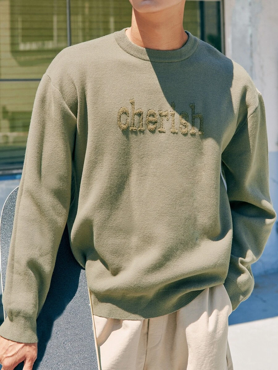 DAZY Men Letter Pattern Drop Shoulder Jumper - Army Green - View 1