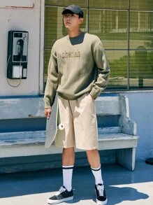 DAZY Men Letter Pattern Drop Shoulder Jumper - Army Green - View 7