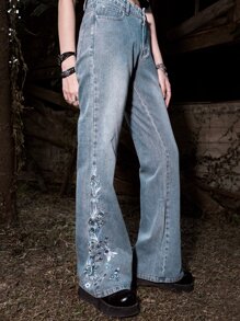 ROMWE Goth Floral Embroidery Flare Leg Jeans - Dark Wash - View 2