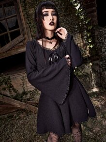 ROMWE Goth Solid Tie Front Flounce Sleeve Dress - Black - View 2