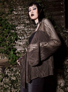 ROMWE Goth Nữ Cardigans màu trơn Giải trí - màu nâu - Xem 3