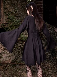 ROMWE Goth Solid Tie Front Flounce Sleeve Dress - Black - View 6