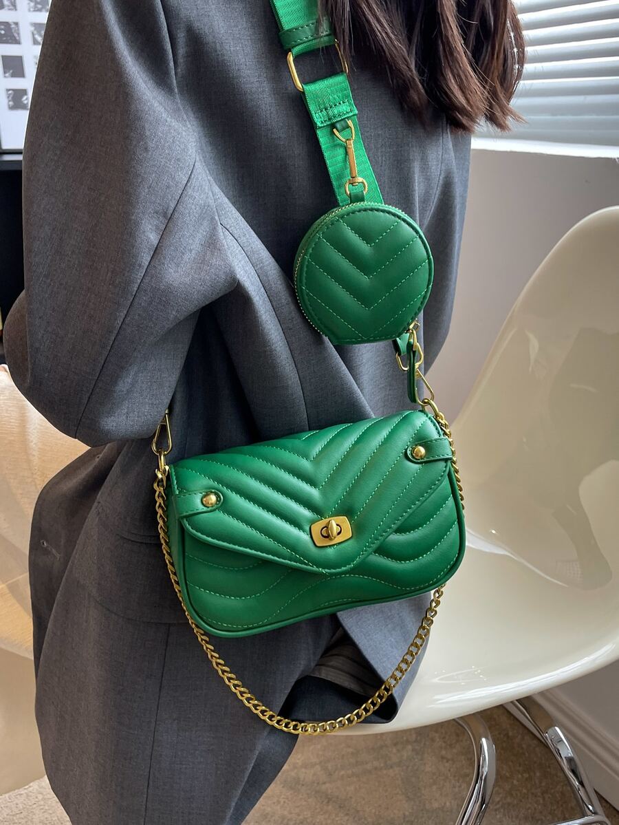 Mini Chevron Quilted Twist Lock Flap Square Bag With Coin Purse - Green - View 1