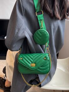 Mini Chevron Quilted Twist Lock Flap Square Bag With Coin Purse - Green - View 2