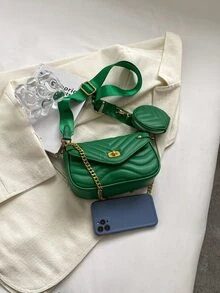 Mini Chevron Quilted Twist Lock Flap Square Bag With Coin Purse - Green - View 4