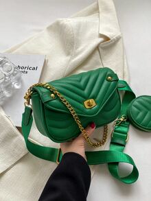 Mini Chevron Quilted Twist Lock Flap Square Bag With Coin Purse - Green - View 5