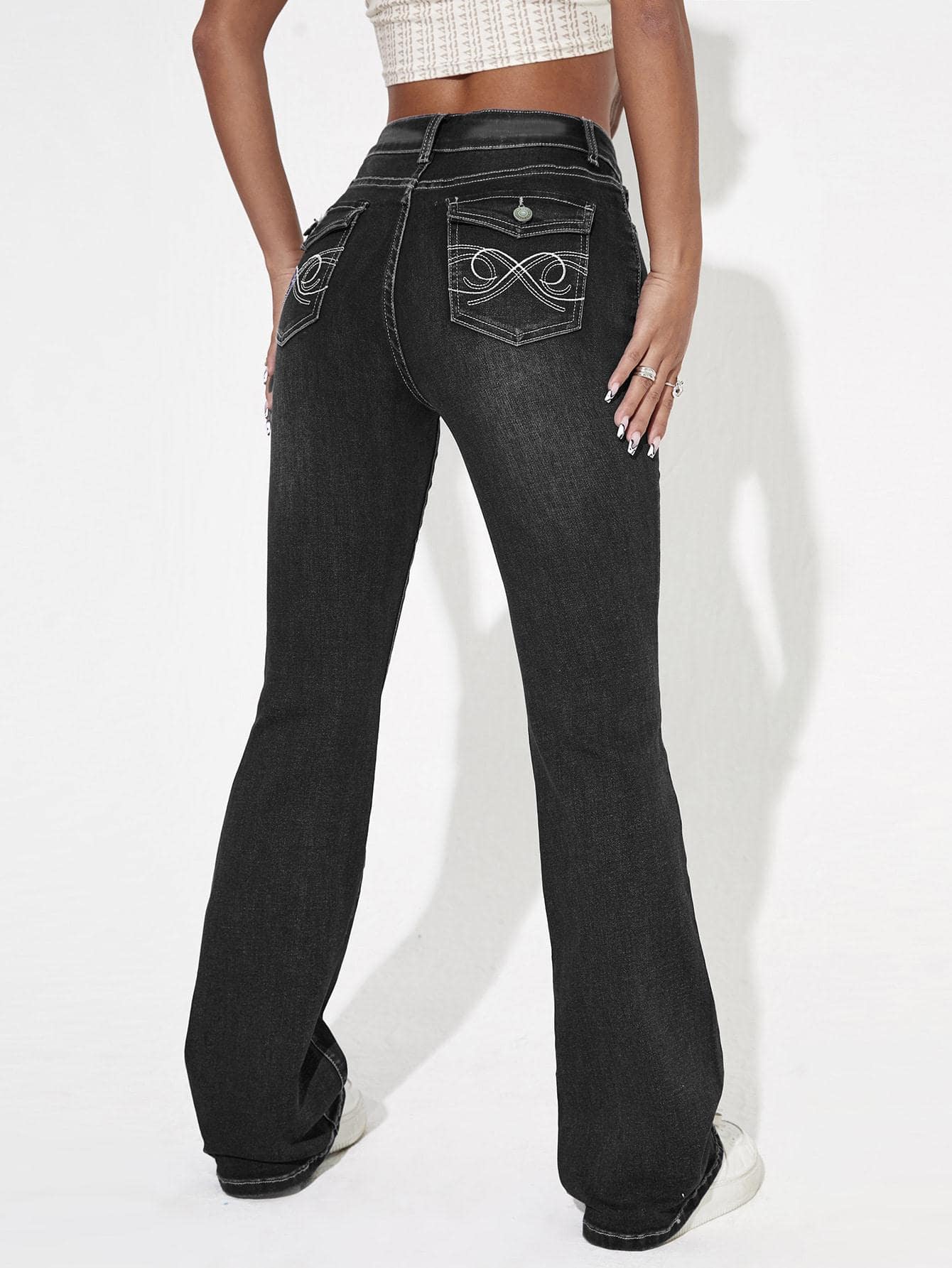 SHEIN ICON High Waist Graphic Embroidery Flare Leg Jeans - Black - View 1