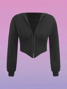 ROMWE Street Life Zip Up Crop Hoodie - Black - View 1