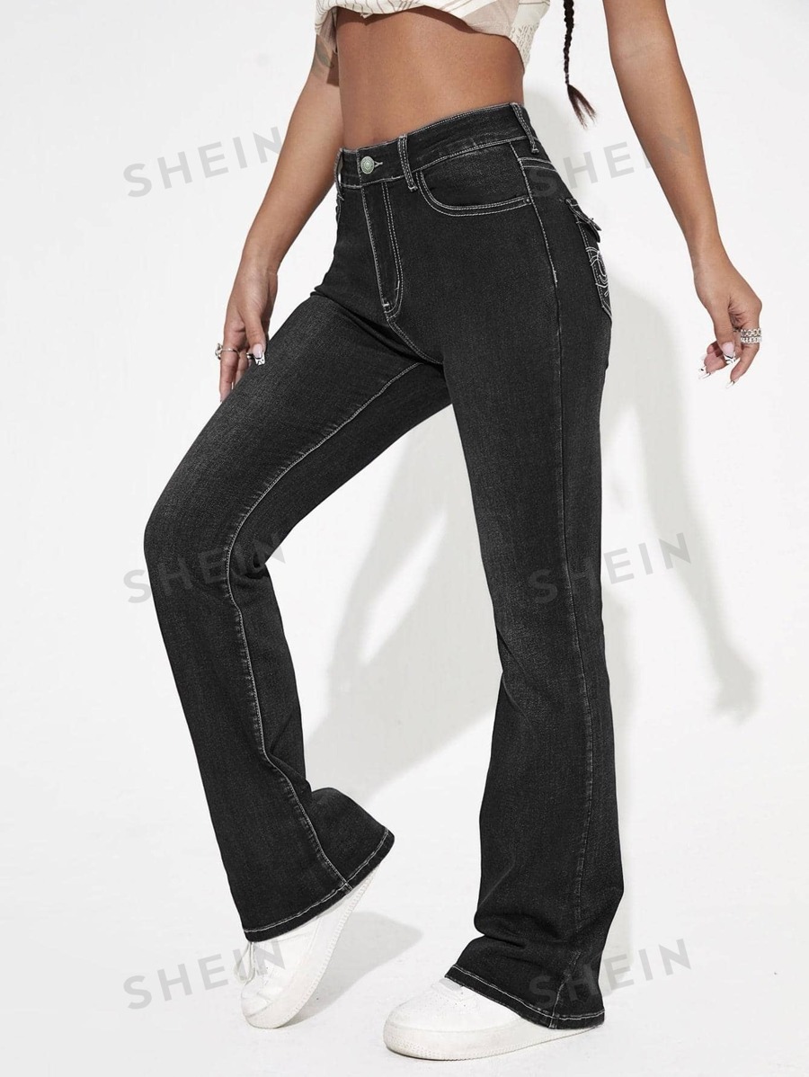 SHEIN ICON High Waist Graphic Embroidery Flare Leg Jeans for Sale