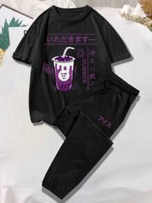 Manfinity Hypemode Men Japanese Letter & Drink Print Tee & Drawstring Waist Sweatpants - Black - View 1