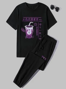 Manfinity Hypemode Men Japanese Letter & Drink Print Tee & Drawstring Waist Sweatpants - Black - View 5