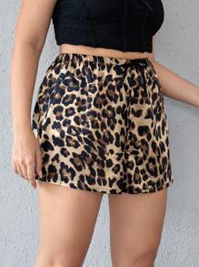 Plus Leopard Print Tie Front Satin Sleep Shorts - Multicolor - View 4