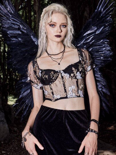 Goth Top corto con bordado floral de malla fruncido