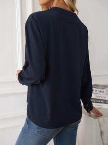 SHEIN LUNE Dalmatian Print Notched Neck Blouse - Navy Blue - View 2