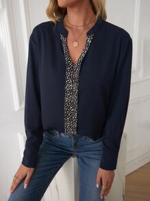 SHEIN LUNE Dalmatian Print Notched Neck Blouse - Navy Blue - View 6