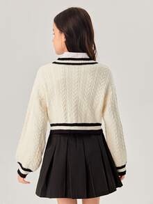 SHEIN Girls Letter Pattern Striped Trim Cable Knit Cardigan - Beige - View 2