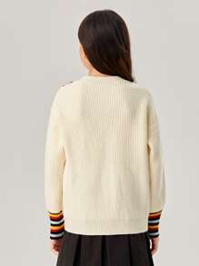 SHEIN 女孩塊狀條紋圖案落肩袖套頭毛衣 - 米色 - 查看 2