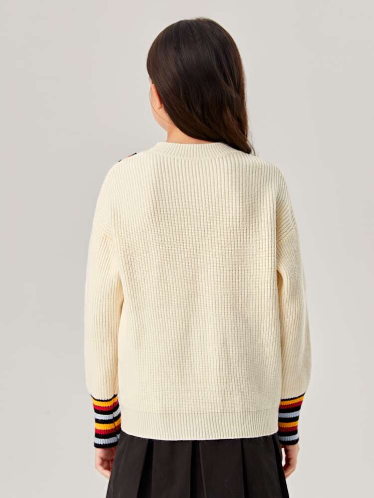 Girls Block Striped Pattern Drop Shoulder Sweater