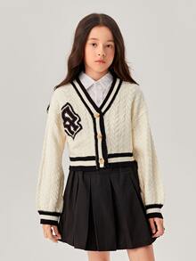 SHEIN Girls Letter Pattern Striped Trim Cable Knit Cardigan - Beige - View 3