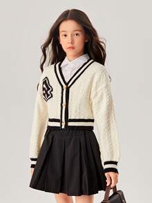 SHEIN Girls Letter Pattern Striped Trim Cable Knit Cardigan - Beige - View 5