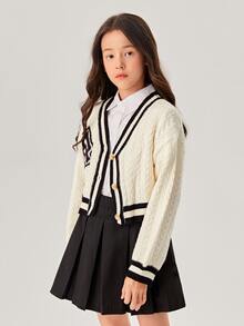 SHEIN Girls Letter Pattern Striped Trim Cable Knit Cardigan - Beige - View 6
