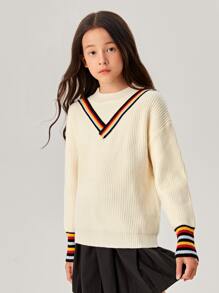 SHEIN 女孩塊狀條紋圖案落肩袖套頭毛衣 - 米色 - 查看 4