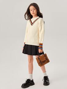 SHEIN 女孩塊狀條紋圖案落肩袖套頭毛衣 - 米色 - 查看 5