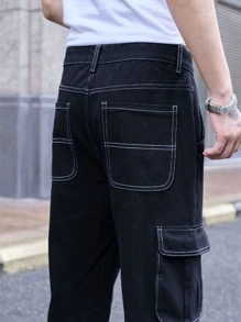 Manfinity EMRG Men Top Stitching Flap Pocket Cargo Jeans Baggy Long Washed Jean Plain Black Vacation Street Wear Friends - Black - View 6