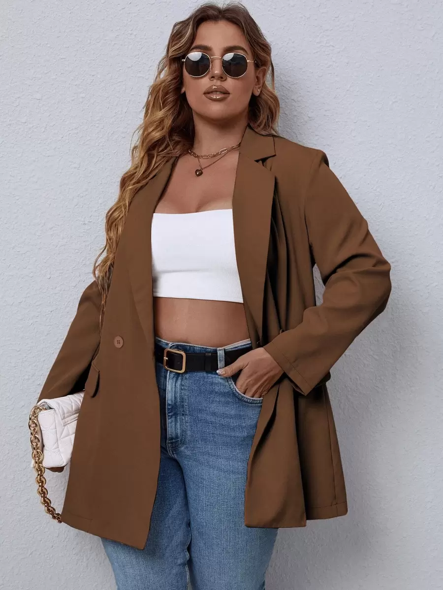 EMERY ROSE Plus Lapel Neck Double Button Blazer Graduation,Back To School,Teacher Outfits For Women Fall Cloth For Women Autumn - Brown - View 1