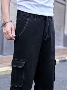 Manfinity EMRG Men Top Stitching Flap Pocket Cargo Jeans Baggy Long Washed Jean Plain Black Vacation Street Wear Friends - Black - View 7