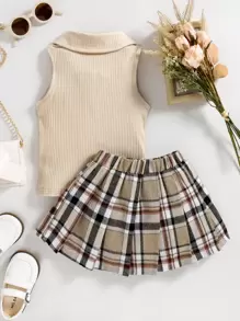 SHEIN Young Girl Ribbed Knit Tank Top & Plaid Pleated Skirt - Multicolor - View 2