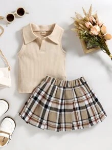 SHEIN Young Girl Ribbed Knit Tank Top & Plaid Pleated Skirt - Multicolor - View 3