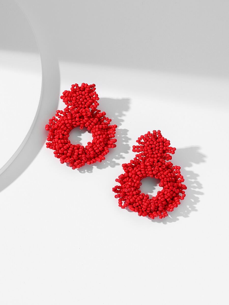 Hollow Out Bead Decor Earrings - Red - View 1