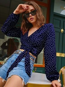 SHEIN VCAY Polka Dot Tie Front Bishop Sleeve Crop Wrap Blouse - Navy Blue - View 1