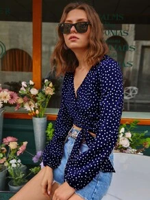 SHEIN VCAY Polka Dot Tie Front Bishop Sleeve Crop Wrap Blouse - Navy Blue - View 3