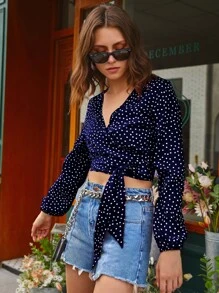 SHEIN VCAY Polka Dot Tie Front Bishop Sleeve Crop Wrap Blouse - Navy Blue - View 4