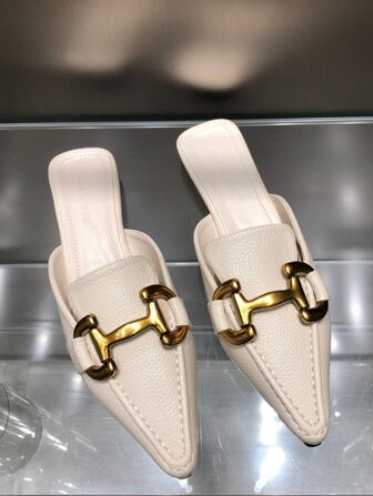 Nice Nineteen Square Toe Metal Decor Flat Mules, Fashionable Metal Mules With Block Heels In Solid Color - Beige